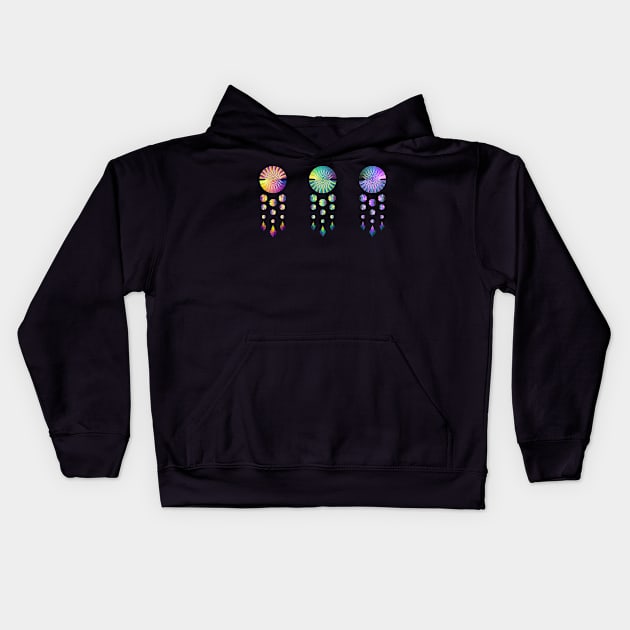 Dream Catchers | Sunset Peacock Nebula Red Yellow Green Blue Pink Black Kids Hoodie by aRtVerse